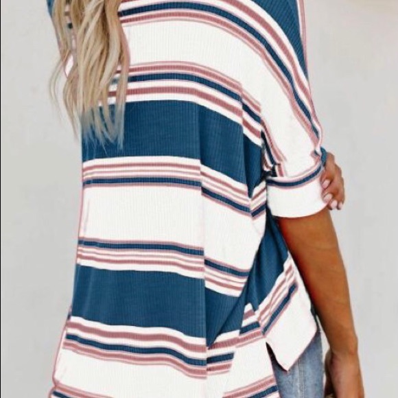 Striped Ribbed Knit Blue , Pink , & White T Shirt - Picture 3 of 5